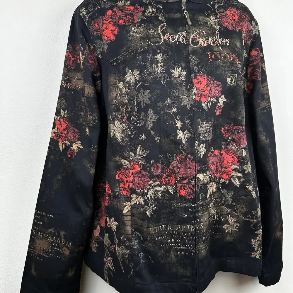 VTG Cactus Jacket Blazer Full Zip Secret Garden Floral Rinestones Black L Artsy - Picture 4 of 13